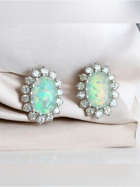 Rainbow Opal Stud Earrings with CZ halos in Sterling Silver 🆕